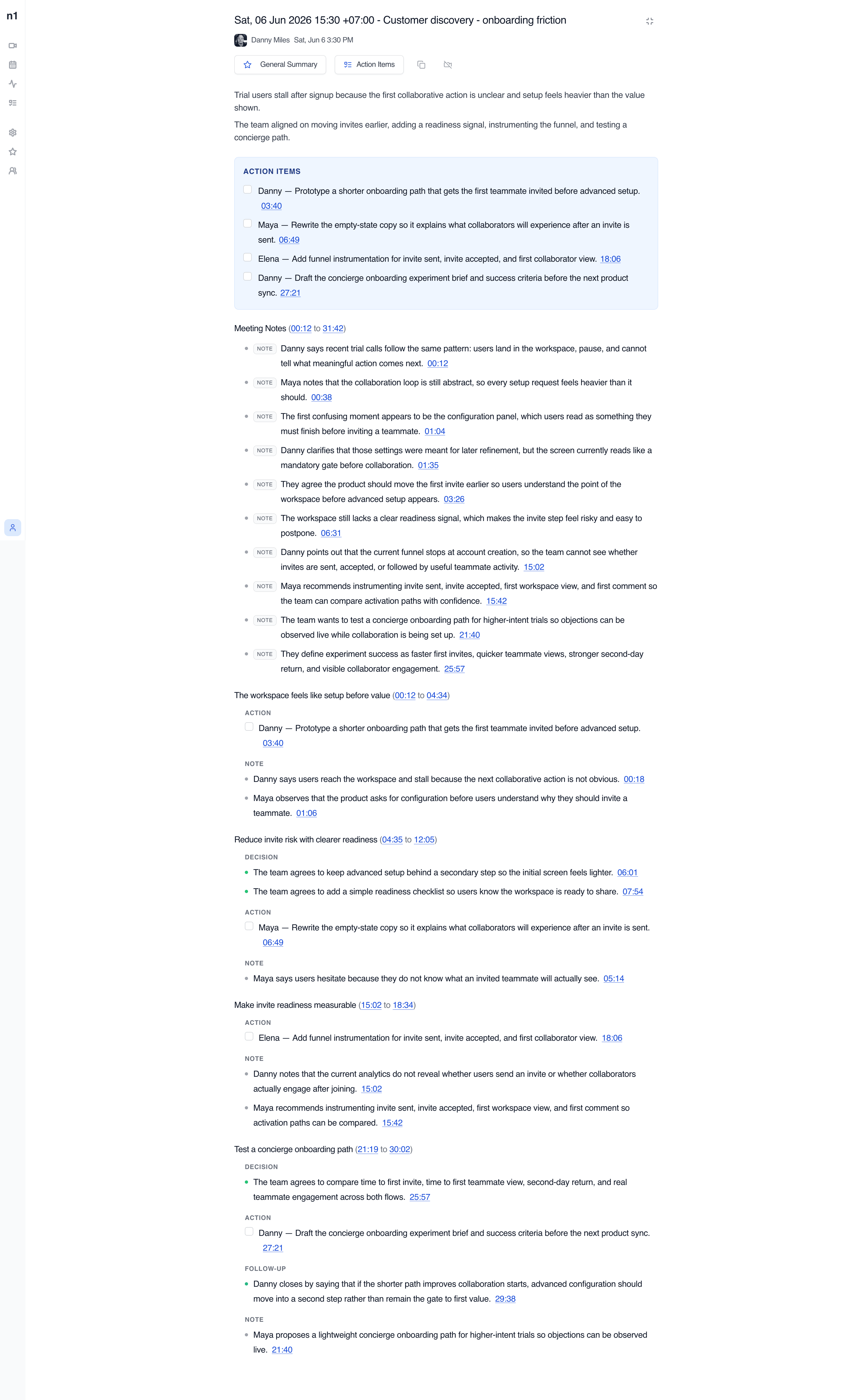 note1 team meeting summary page