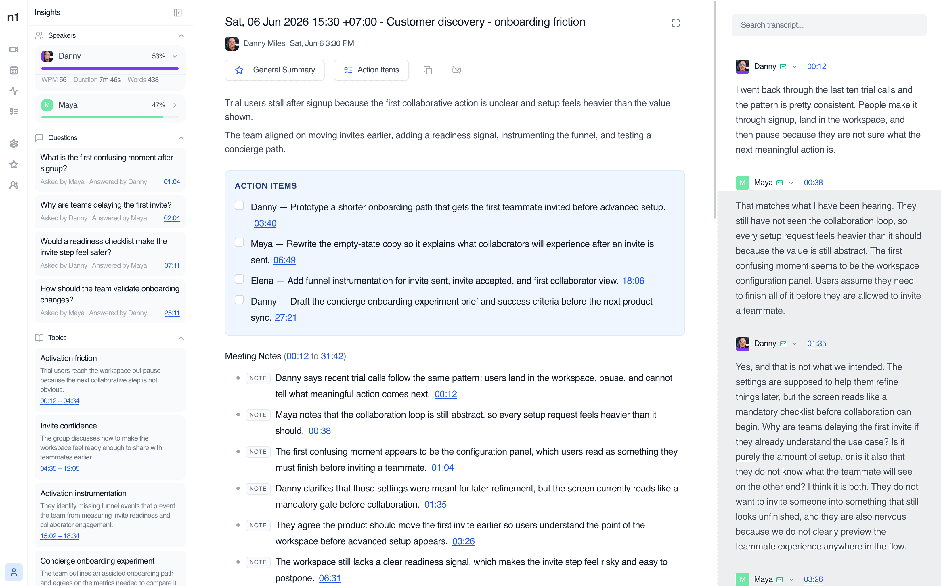 Actual note1 meeting review with insights, summary, action items, and transcript