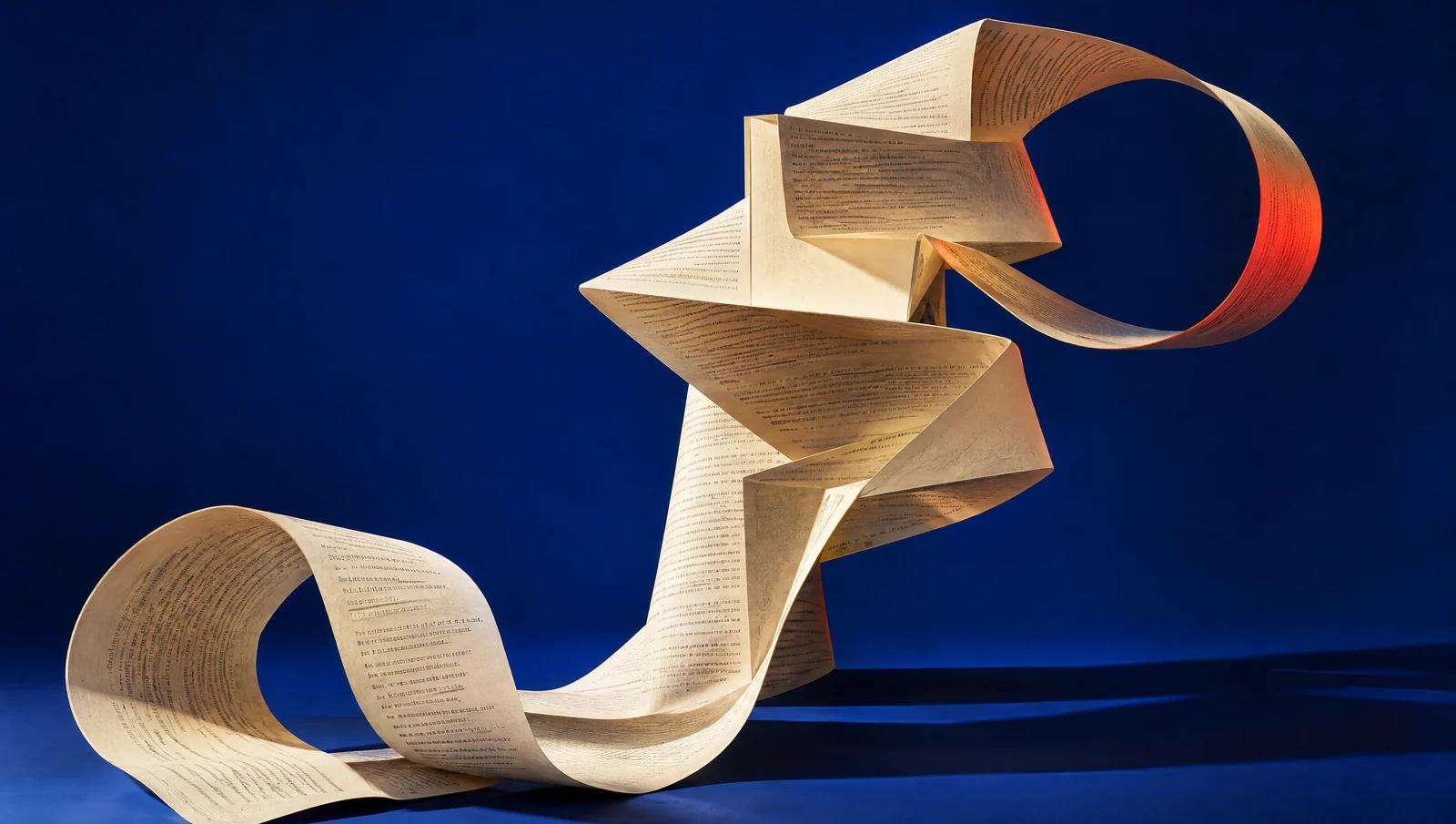 A continuous paper transcript folded into an architectural sculpture against a cobalt-blue background.