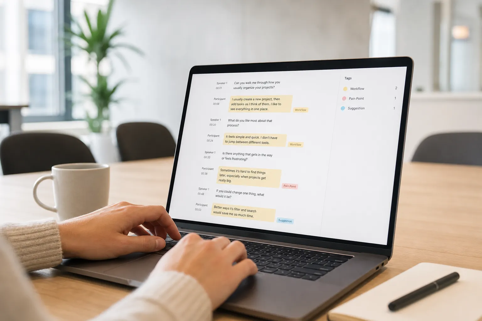 Build a repeatable user interview transcription workflow for product teams on Google Meet. Capture consent, tag themes, and turn notes into backlog tasks.